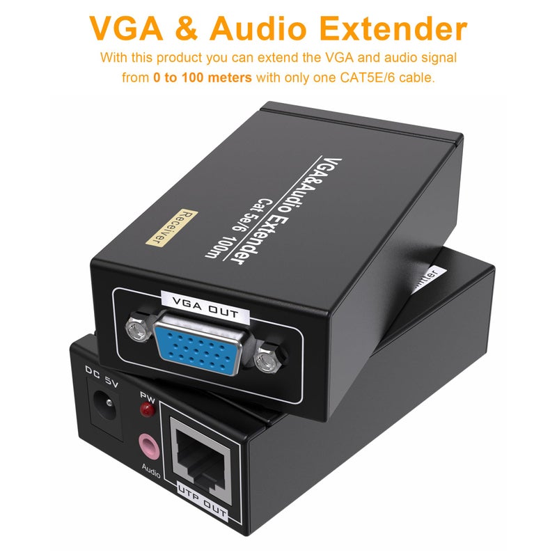 MOERISICAL مويريسكال مكرر فيديو VGA Cat5e Cat6 على كابل إيثرنت 300 قدم، يصل إلى 100م، مرسل + مستقبل - Image 2